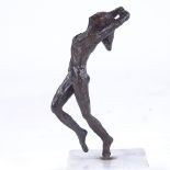 A mid-20th century patinated bronze sculpture, ballet dancer, unsigned, on white marble base,