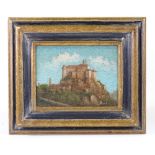 Montanazi, oil on canvas, hilltop castle, signed, 7" x 9", framed Paint is heavily crazed (