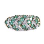 A modern 9ct gold emerald and diamond cluster dress ring, setting height 8.3mm, size P, 2.1g Good