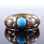 An early 20th century 9ct rose gold 3-stone cabochon turquoise? and split pearl gypsy ring, maker'