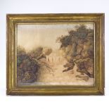 18th century English School watercolour, fisherman by a waterfall, unsigned, 17" x 22", framed