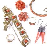 Various coral jewellery, including double-row hinged bangle, bracelet, ring etc, 90.2g gross Lot