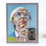Clive Fredriksson, mixed media, oil on board, with Vintage camera Andy Warhol, 19.5" x 15"