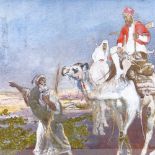 19th/20th century watercolour gouache, camel riders, unsigned, 18" x 24", maple-framed Good