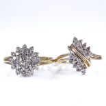 2 modern 9ct gold diamond cluster dress rings, flowerhead ring size P, cross-over ring size L, 5.