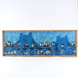 Mid-20th century abstract oil on board, long blue bridge, unsigned, 12" x 35", framed Good condition