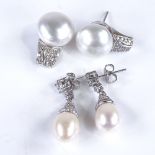 A pair of 14ct white gold whole pearl and diamond earrings, 9.3g, and a pair of unmarked white metal