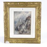 19th century watercolour, coastal fishing village, unsigned, 12" x 8.5", framed Slight paper