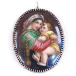 A Continental hand painted porcelain panel pendant, in unmarked white metal frame, overall height