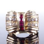 An Art Deco 14ct gold ruby and diamond odenesque dress ring, set with calibre-cut rubies and