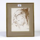 M Kramer, sepia watercolour portrait, signed, 10" x 7.5", framed Good condition