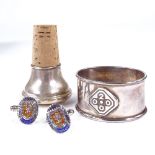 Various silver, including enamel cufflinks, bottle stopper, and napkin ring All in good original