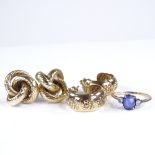 Various jewellery, including unmarked gold 3-stone blue and white sapphire ring, size R, 1.9g, and 2