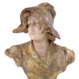 GOLDSCHEIDER - painted pottery bust of a woman wearing a bonnet, signed Xarinoff, height 35cm