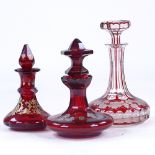 3 19th century ruby glass and Bohemian overlay glass perfume bottles and stoppers, largest height