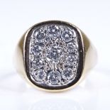 A unmarked gold diamond cluster signet ring, total diamond content approx 0.5ct, setting height 14.