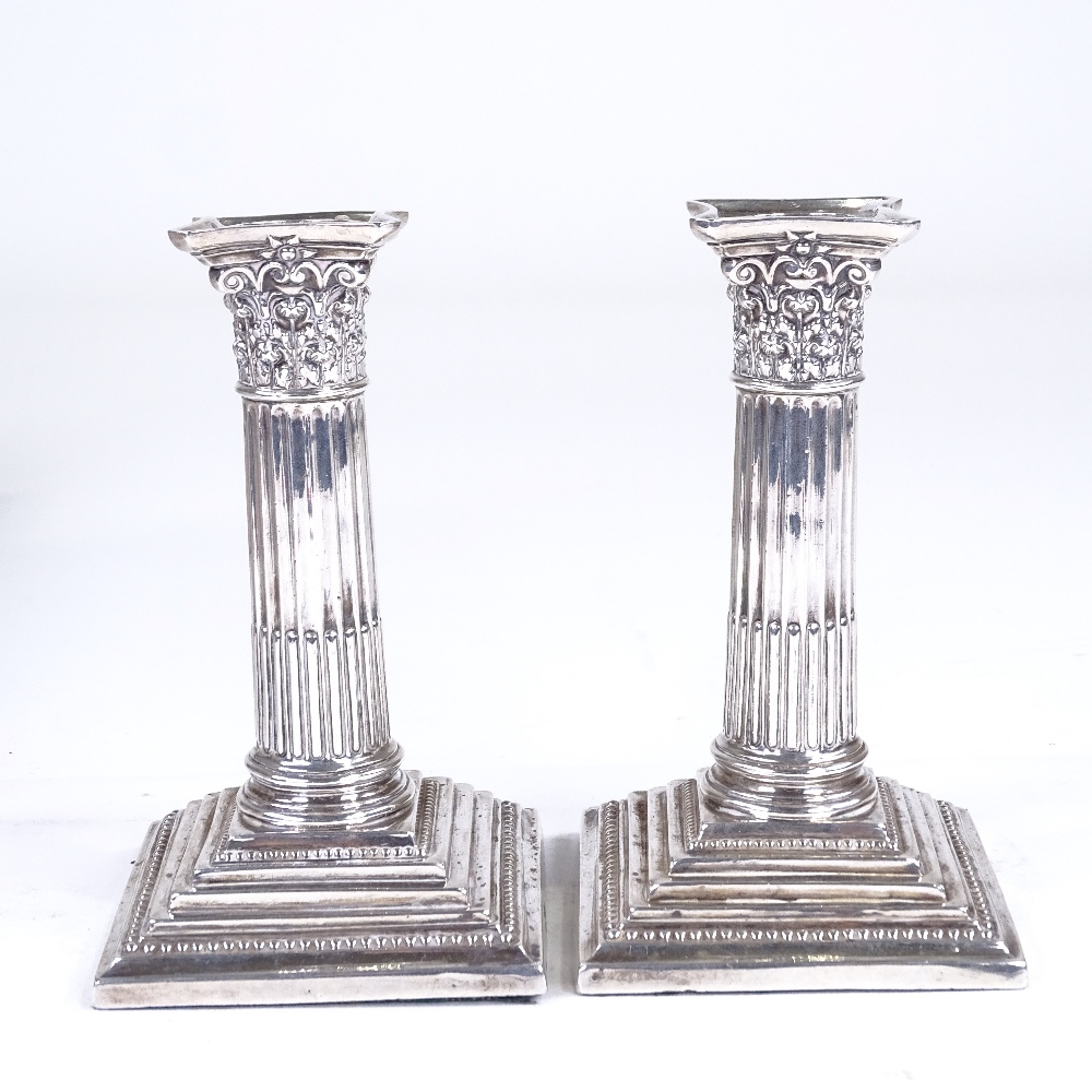A pair of late Victorian squat silver Corinthian column candlesticks, by Walter Latham & Son, - Image 2 of 4