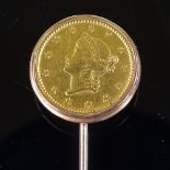 An 1851 United States of America gold 1 dollar stick pin, in unmarked gold mount, overall length