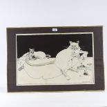 Joanna Lawrence, pen and ink drawing, cats, image 16" x 24", framed Several small fox marks and
