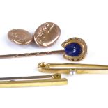 Various gold and yellow metal jewellery, including 15ct pearl bar brooch (2.9g), 9ct bar brooch