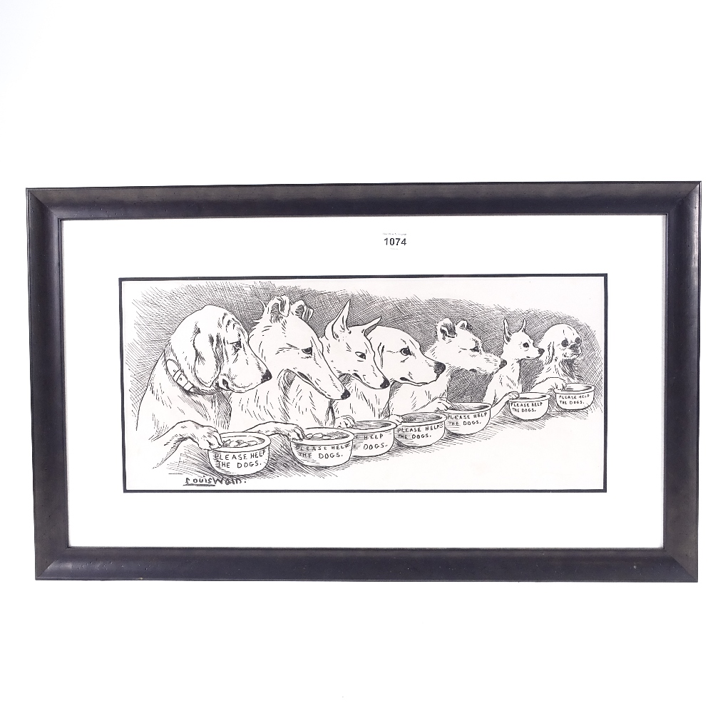 Louis Wain, lithograph, Please Help The Dogs, signed in the plate, image 8" x 18", framed Very faint - Image 2 of 4