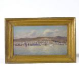 E Goodman, oil on canvas, warships off the coast, signed and dated 1917, 8" x 15", framed Patch