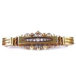 A late 19th century 15ct gold graduated diamond Etruscan bar brooch, hallmarks Birmingham 1897,