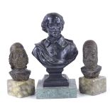 A patinated spelter figure of Shakespeare on marble base, height 16cm, and 2 composition Greek busts