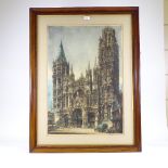 W Monk, coloured etching, cathedral, signed in pencil, plate size 28" x 19", framed