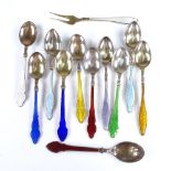 A group of Norwegian and Danish sterling silver and harlequin enamel flatware, comprising set of 5