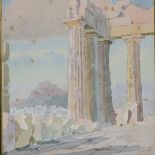 Greek School, pair of watercolours, view towards The Acropolis and temple ruins, indistinctly