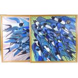 Lorna Dunn (1920 - 2016), 2 oils on board, abstract bird compositions in blue, signed, 24" x 24",