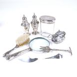 Various silver items, including mustard pot, pickle fork, dressing table jar, pair of pepperettes