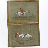 A set of 3 19th century coloured pastel hunting scene drawings, unsigned, 10" x 14", framed Paper is