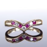 A modern 9ct gold ruby and diamond wishbone ring, setting height 6.5mm, size O, 2 g Good original