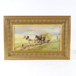Oil on wood panel, farm hay cart, indistinctly signed, 7" x 13", framed Good condition