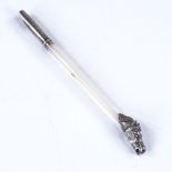 An Edwardian lady's silver and mother-of-pearl dip pen, the terminal modelled as a horse's head,