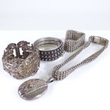 Various Victorian silver plated jewellery, including locket necklace, hinged bangles, bracelet