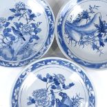 A set of 3 Chinese blue and white porcelain bowls, hand painted bird decoration, diameter 30cm All