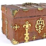 A Victorian brass-bound velvet covered jewel casket, with brass carrying handle, width 21cm Velvet