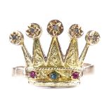 An unmarked gold gem set crown dress ring, gemstones comprise emerald ruby and diamond, setting
