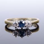 A late 20th century 9ct gold 3-stone sapphire and diamond ring, setting height 4.3mm, size K, 1.7g