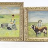 A set of 4 oils on canvas, portraits of country folk, mid-late 20th century, unsigned, 14" x 10"