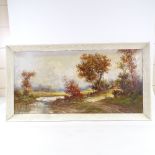 Mid-20th century oil on canvas, rural landscape, indistinctly signed, 16" x 32", framed Slightly