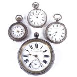 4 silver-cased pocket watches, including large Railway Timekeeper example, largest case width