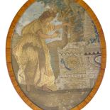 A needlework embroidered pole screen, late 18th/early 19th century, depicting Classical figure,