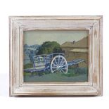 Mid-20th century oil on panel, the blue cart at Le Clos, Nioxelles, unsigned, 7" x 8.5", framed Very