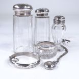 Various silver items, including glass dressing table jars, hinged bangles, fob watch etc Lot sold as