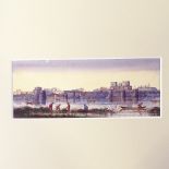 19th century Indian School, watercolour, river scene with palace, 3" x 7.5", mounted