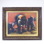 Oil on board, field workers, unsigned, 15" x 19", framed Good condition